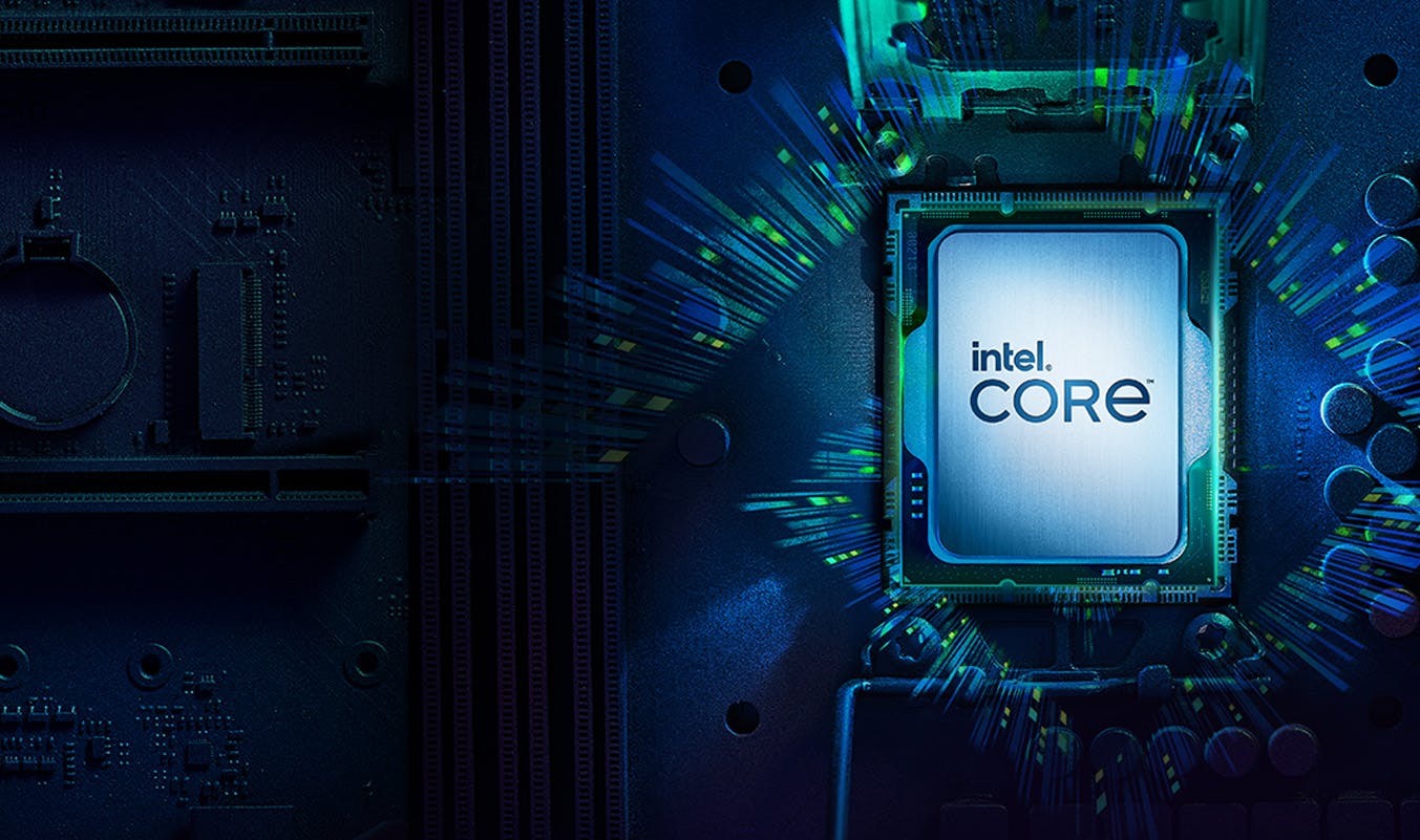 Bild eines Intel-Prozessors im CPU-Sockel mit stilisiertem Motherboard im Hintergrund